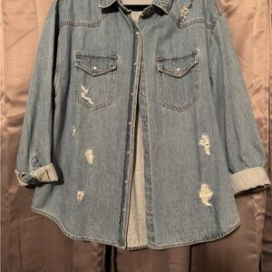 Distressed Denim Button-Up Shirt
